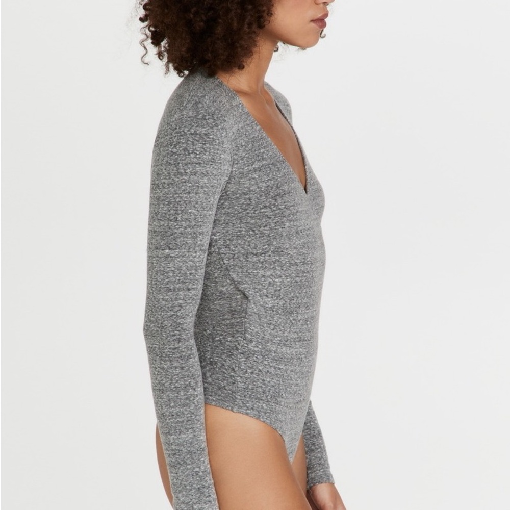 Gray V-Neck Long Sleeve Bodysuit